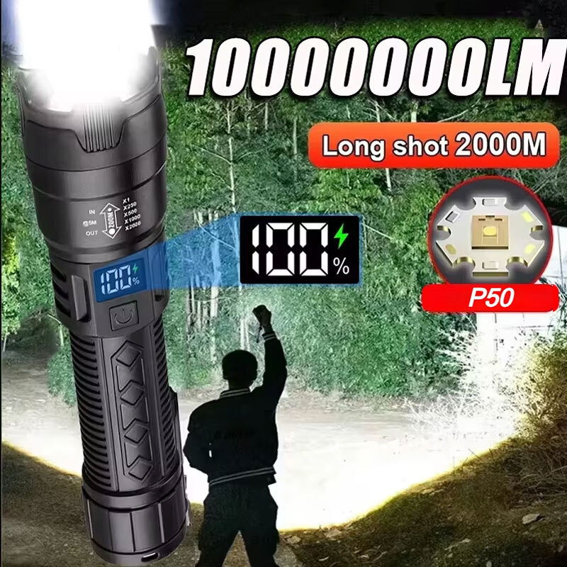 Outdoor Adventure Camp - ไฟฉาย LED กำลังสูง 2000LM ไฟฉายยุทธวิธีพร้อมไฟแสดงสถานะ ชาร์จ