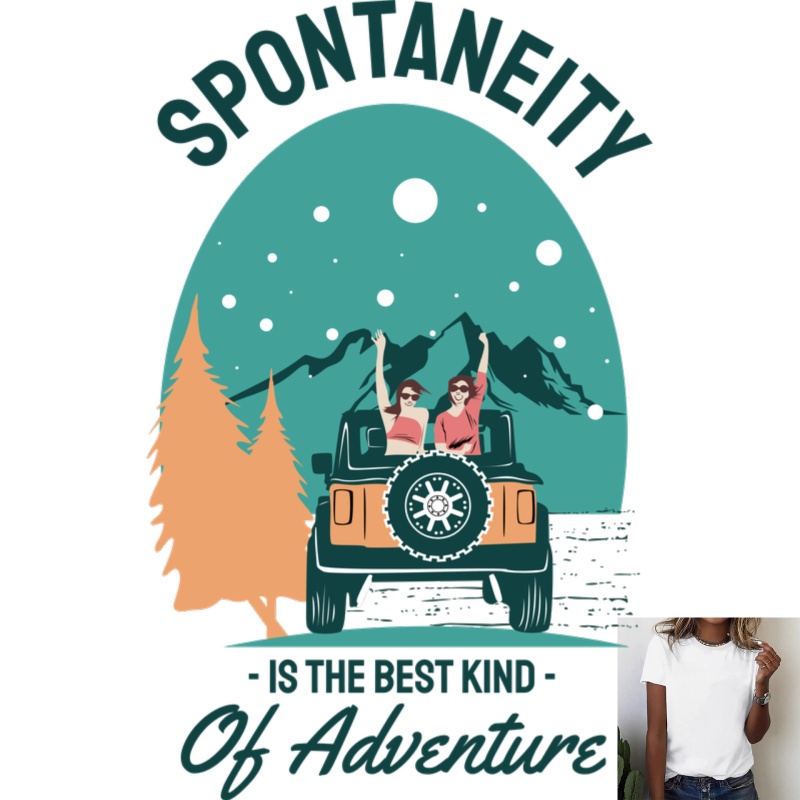 Outdoor Adventure Girl - ลายพิมพ์รีดร้อนธีมการผจญภัยกลางแจ้ง ลายเด็กผู้หญิงขับรถ เหมาะสำหรับเสื้อยืด/กระเป๋าผ้าใบ สไตล์ลำลอง