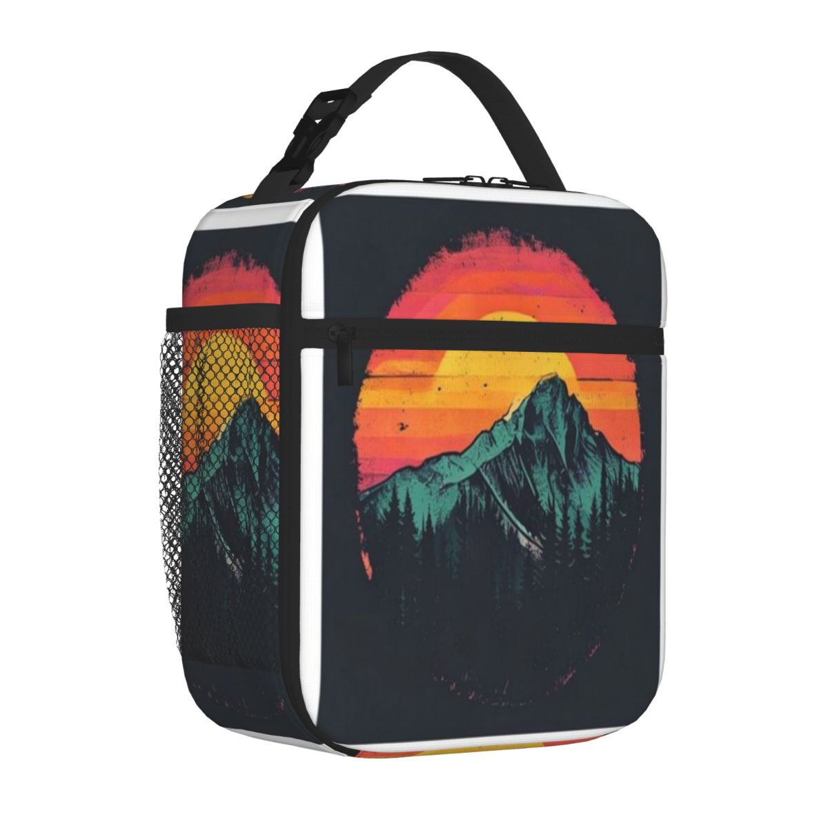 Outdoor Adventure Quilt - กระเป๋าใส่อาหารกลางวันลายภูเขาพระอาทิตย์ตกสไตล์เรโทรสุดฮิต ดีไซน์แนวผจญภัยกลางแจ้ง แบบควิลท์ พับเก็บได้ เหมาะสำหรับอาหารโฮมเมด ใช้ได้ทั้งที่ออฟฟิศและนอกสถานที่